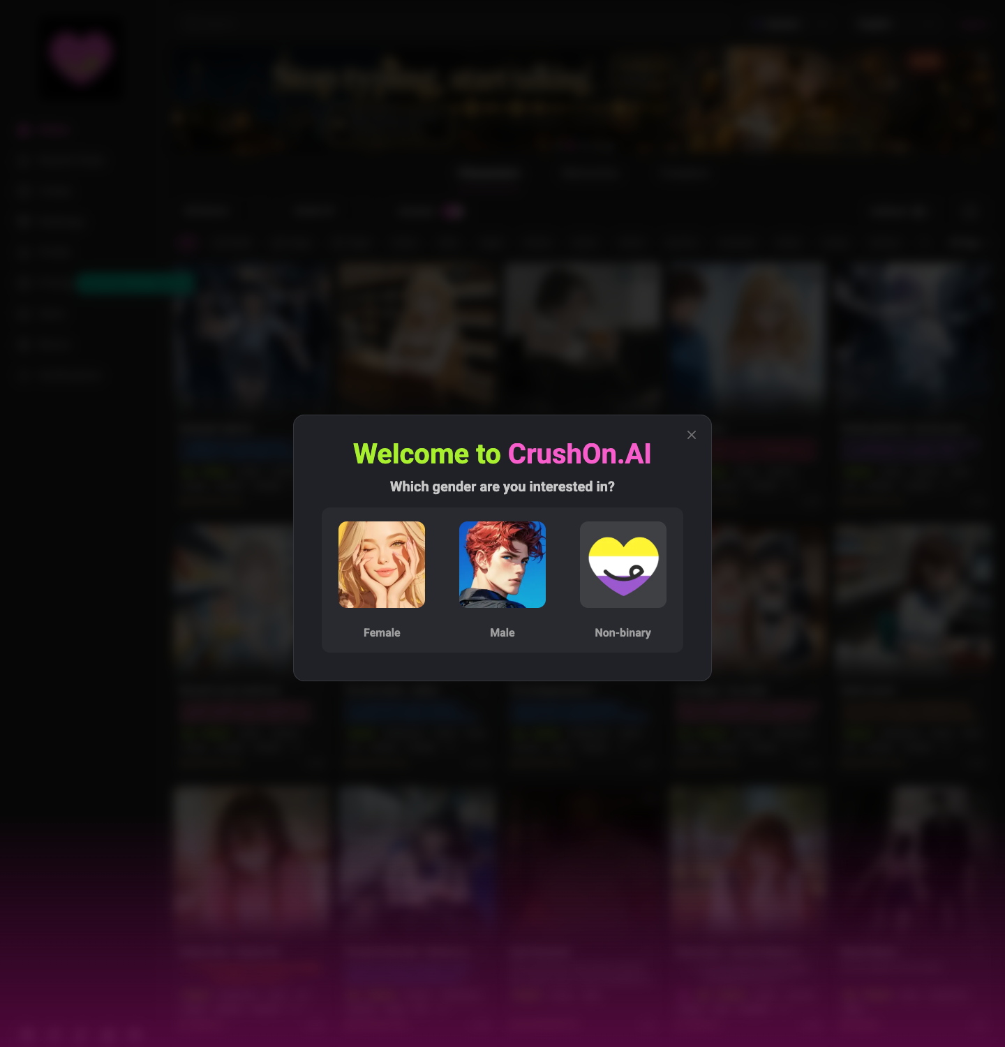 CrushOn AI homepage, July 2026